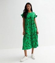 New Look Green Abstract Short Frill Sleeve Midi Smock Dress